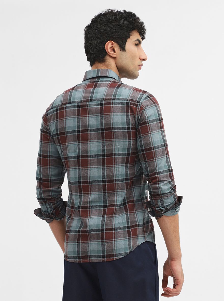 Green & Brown Checked Slim Fit Casual Shirt | Greenfibre