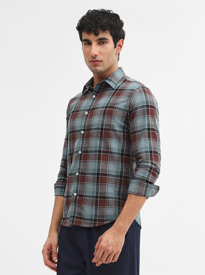 Green & Brown Checked Slim Fit Casual Shirt | Greenfibre
