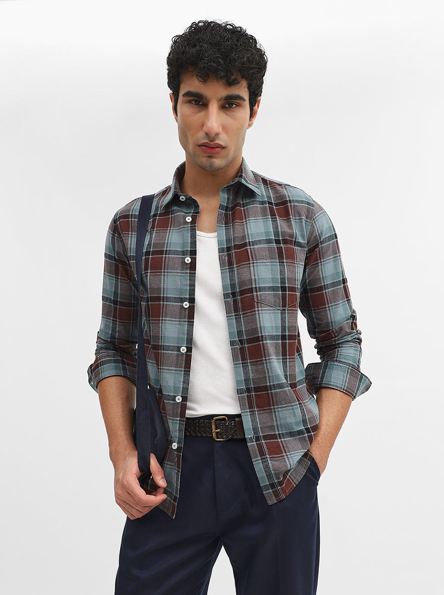 Green & Brown Checked Slim Fit Casual Shirt | Greenfibre