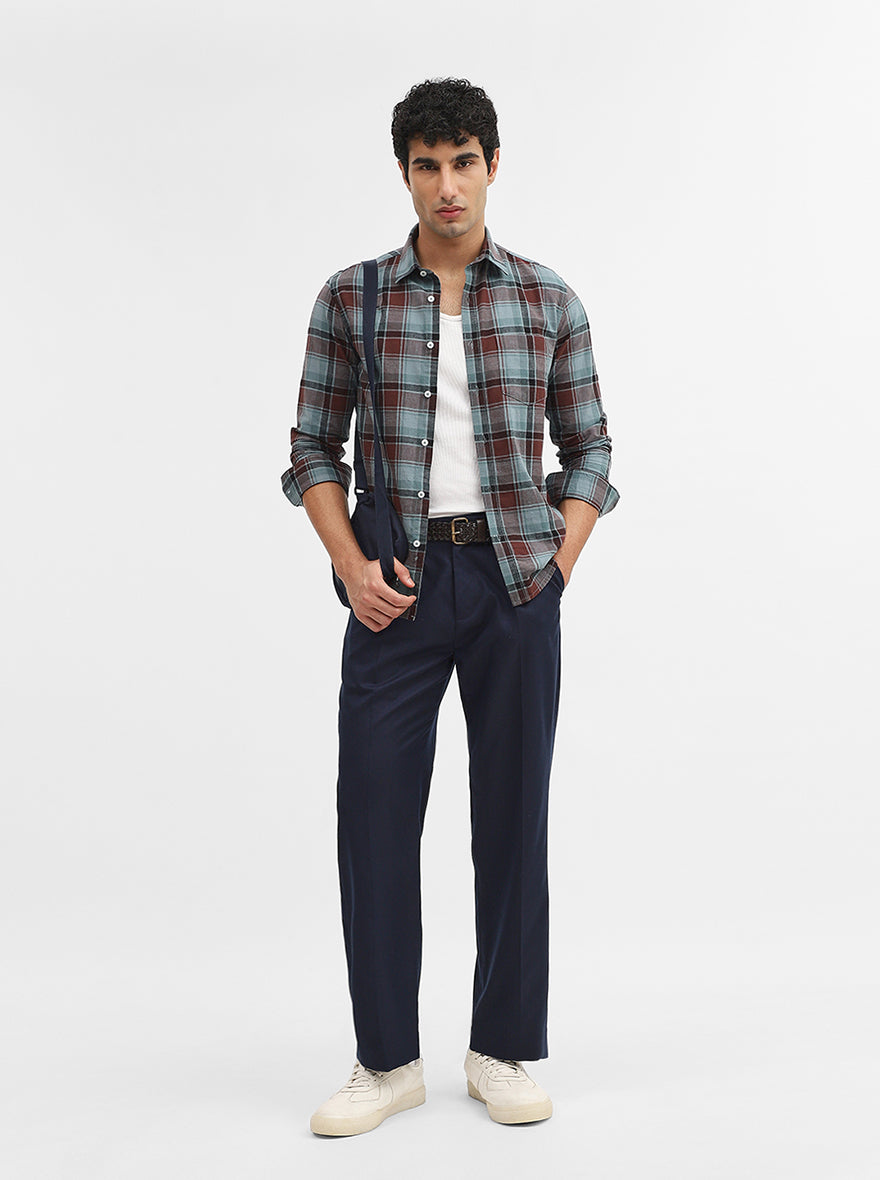 Green & Brown Checked Slim Fit Casual Shirt | Greenfibre