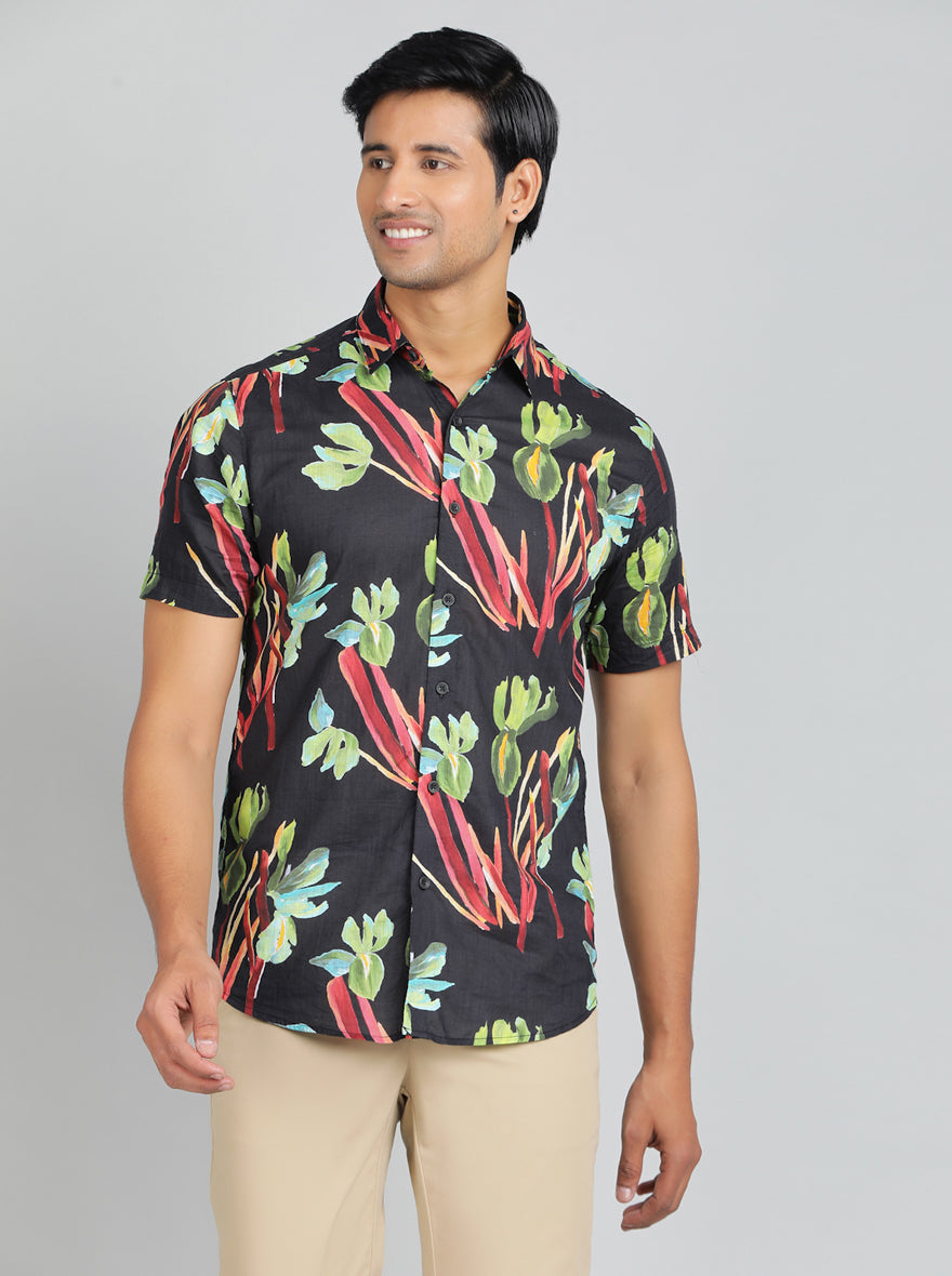 Black Printed Slim Fit Casual Shirt | JadeBlue