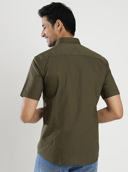 Olive Green Solid Smart Fit Semi Casual Shirt | Greenfibre
