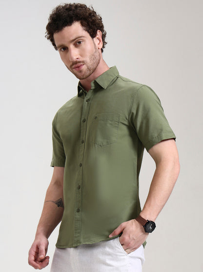 Pista Green Solid Slim Fit Casual Shirt | Greenfibre