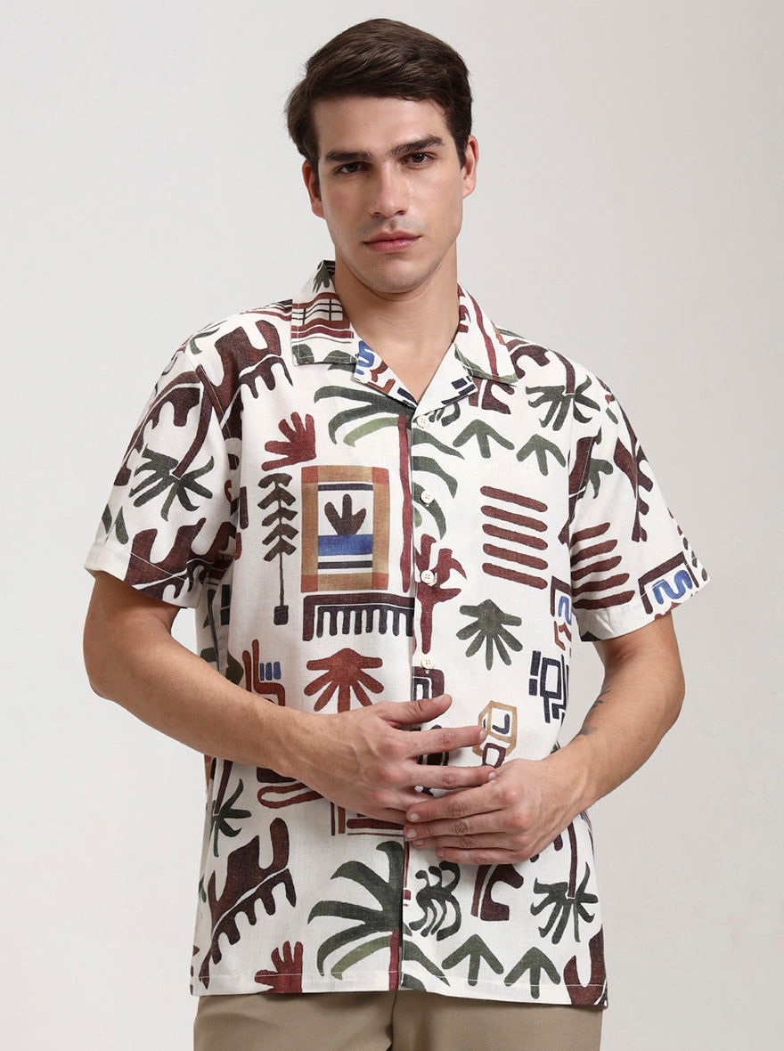 Beige Printed Slim Fit Casual Shirt | JadeBlue