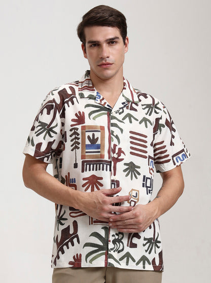 Beige Printed Slim Fit Casual Shirt | JadeBlue