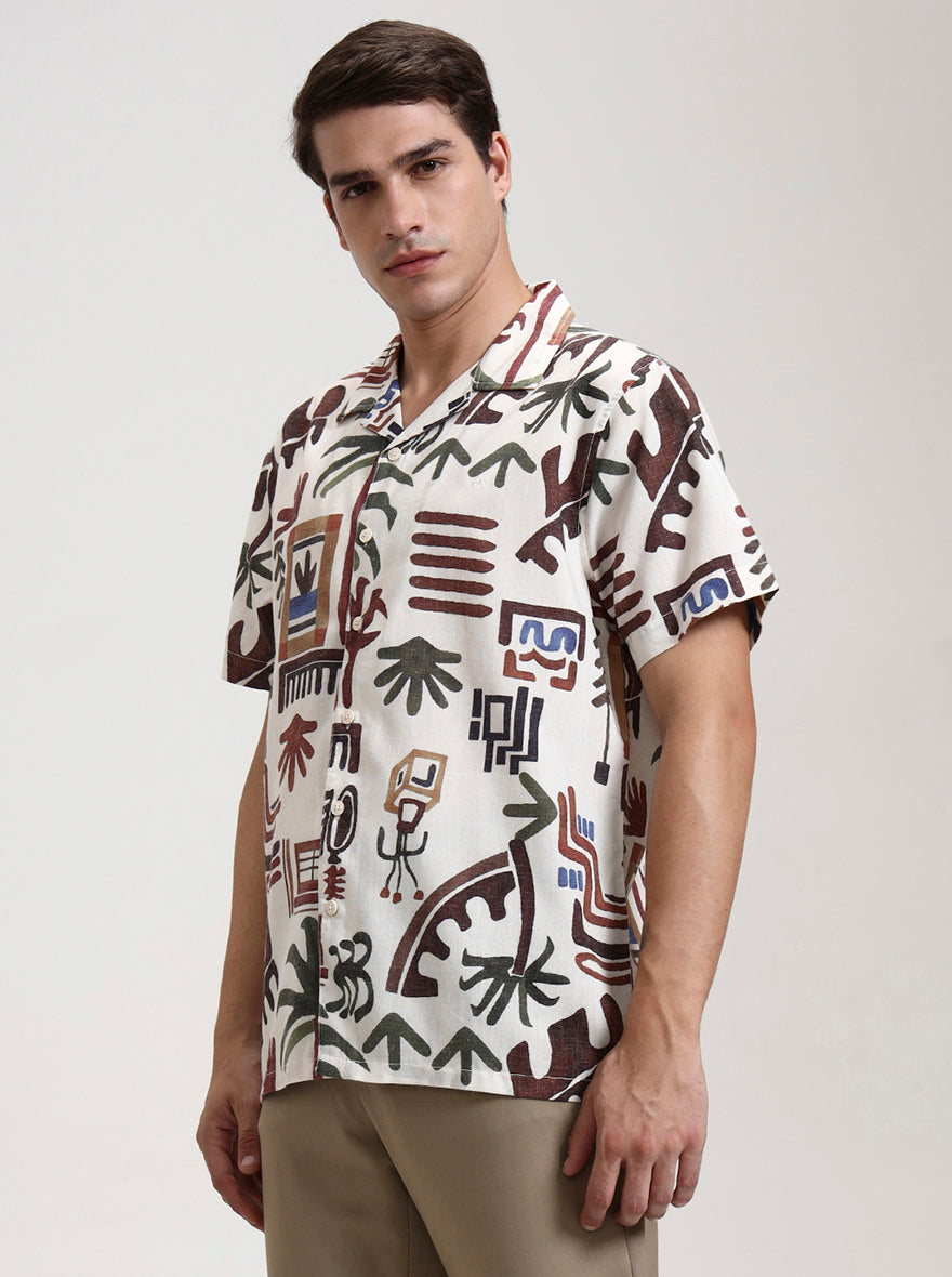Beige Printed Slim Fit Casual Shirt | JadeBlue