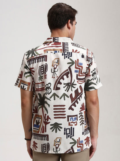 Beige Printed Slim Fit Casual Shirt | JadeBlue