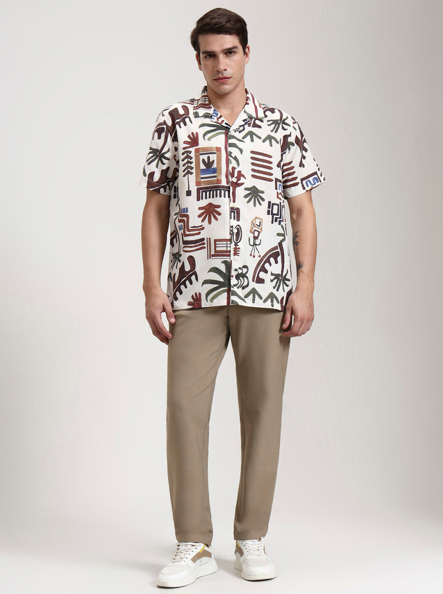 Beige Printed Slim Fit Casual Shirt | JadeBlue