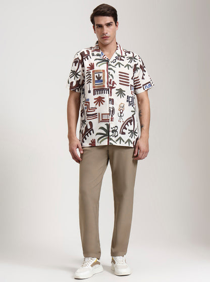 Beige Printed Slim Fit Casual Shirt | JadeBlue
