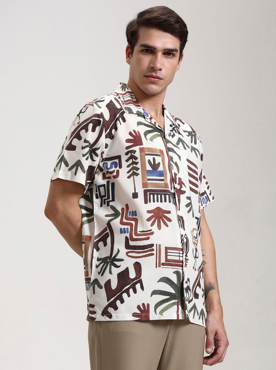 Beige Printed Slim Fit Casual Shirt | JadeBlue