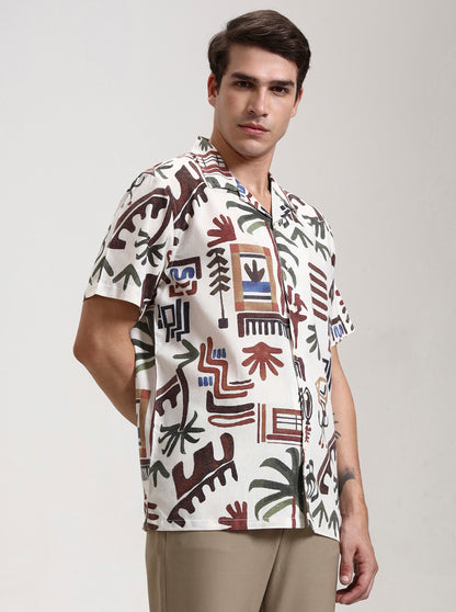 Beige Printed Slim Fit Casual Shirt | JadeBlue