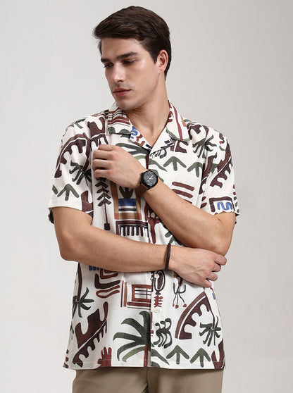 Beige Printed Slim Fit Casual Shirt | JadeBlue