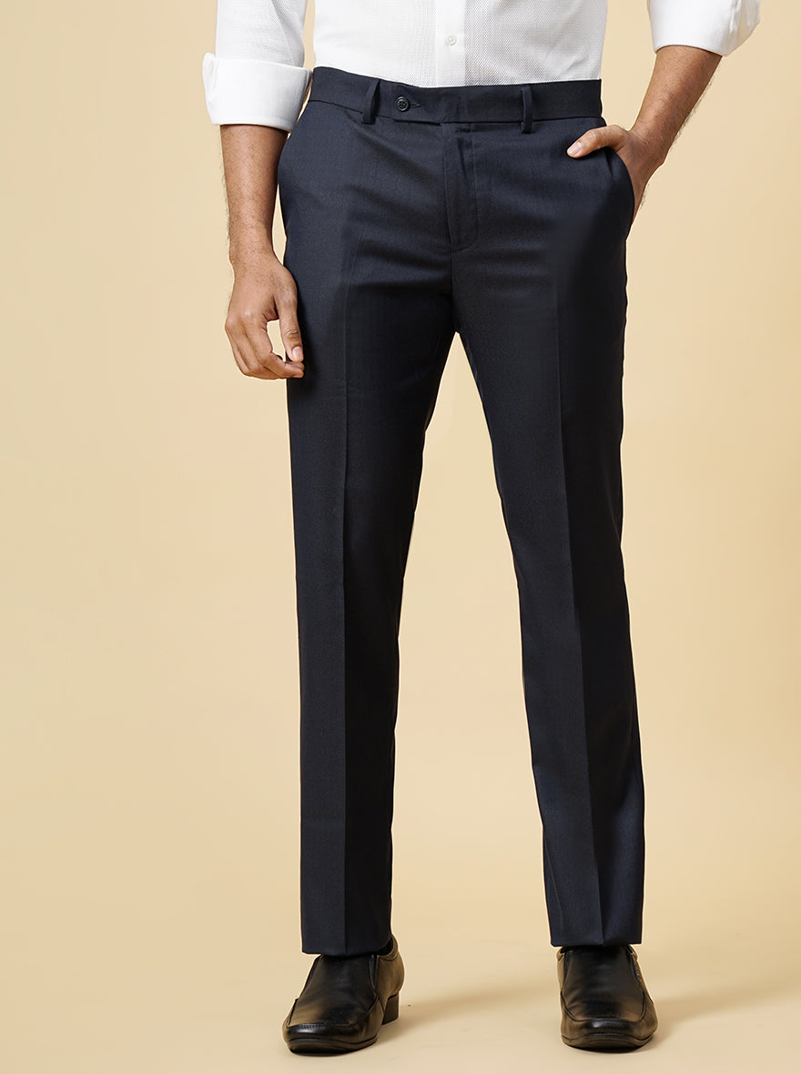 Navy Blue Checked Slim Fit Formal Trouser | Metal