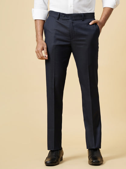 Navy Blue Checked Slim Fit Formal Trouser | Metal