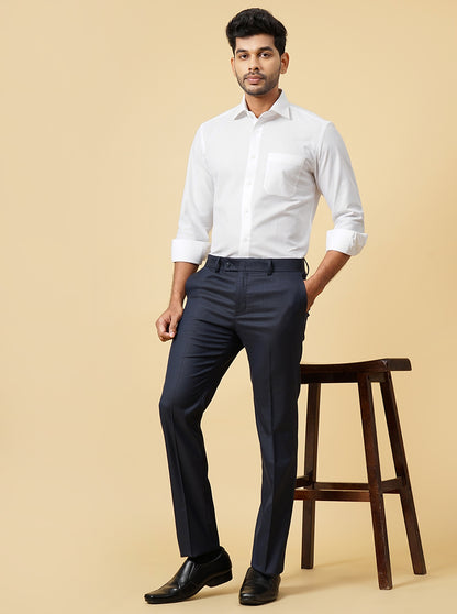 Navy Blue Checked Slim Fit Formal Trouser | Metal