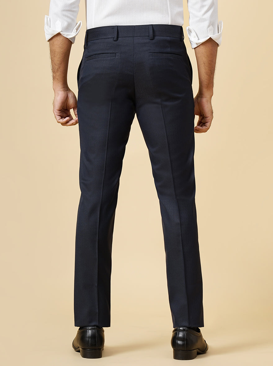 Navy Blue Checked Slim Fit Formal Trouser | Metal