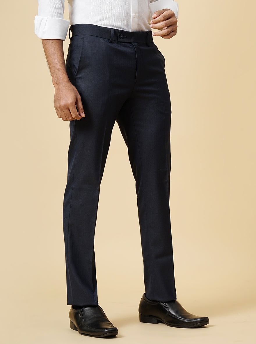 Navy Blue Checked Slim Fit Formal Trouser | Metal
