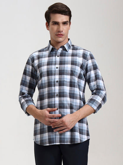 Sky Blue Checked Slim Fit Casual Shirt | JadeBlue