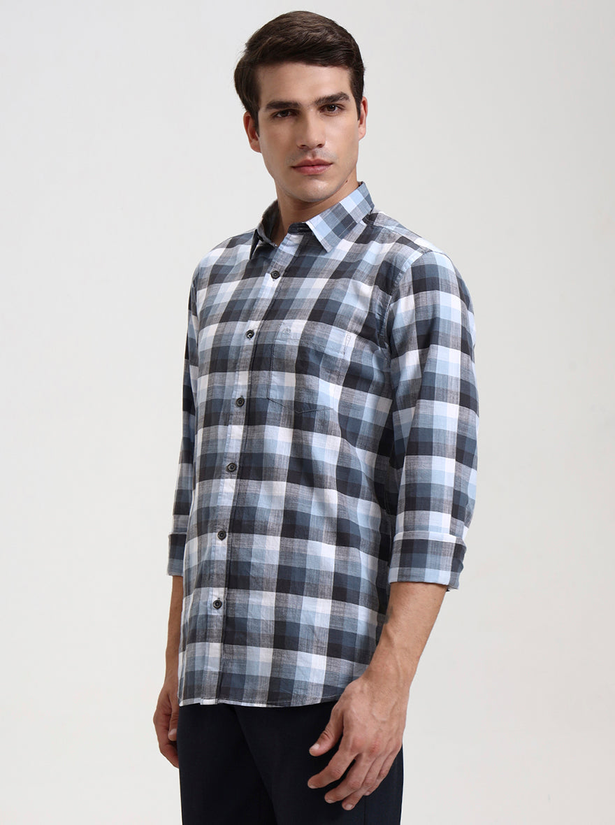 Sky Blue Checked Slim Fit Casual Shirt | JadeBlue