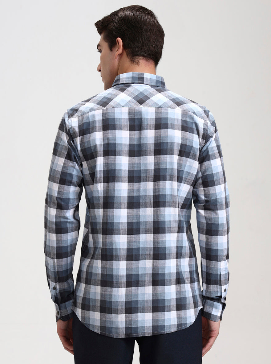 Sky Blue Checked Slim Fit Casual Shirt | JadeBlue