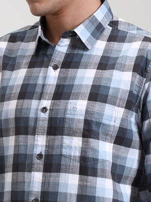 Sky Blue Checked Slim Fit Casual Shirt | JadeBlue