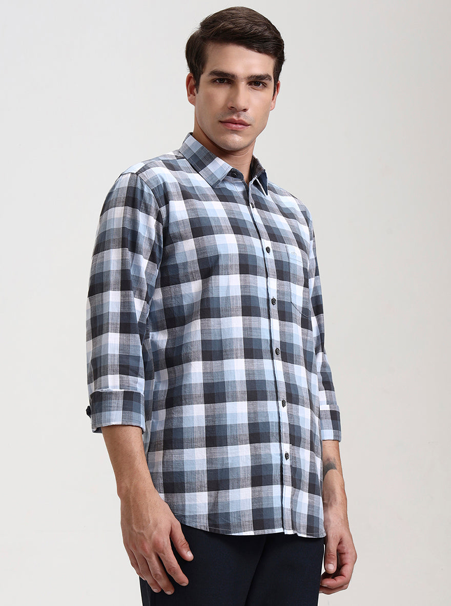 Sky Blue Checked Slim Fit Casual Shirt | JadeBlue