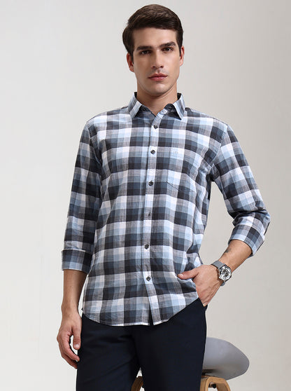 Sky Blue Checked Slim Fit Casual Shirt | JadeBlue