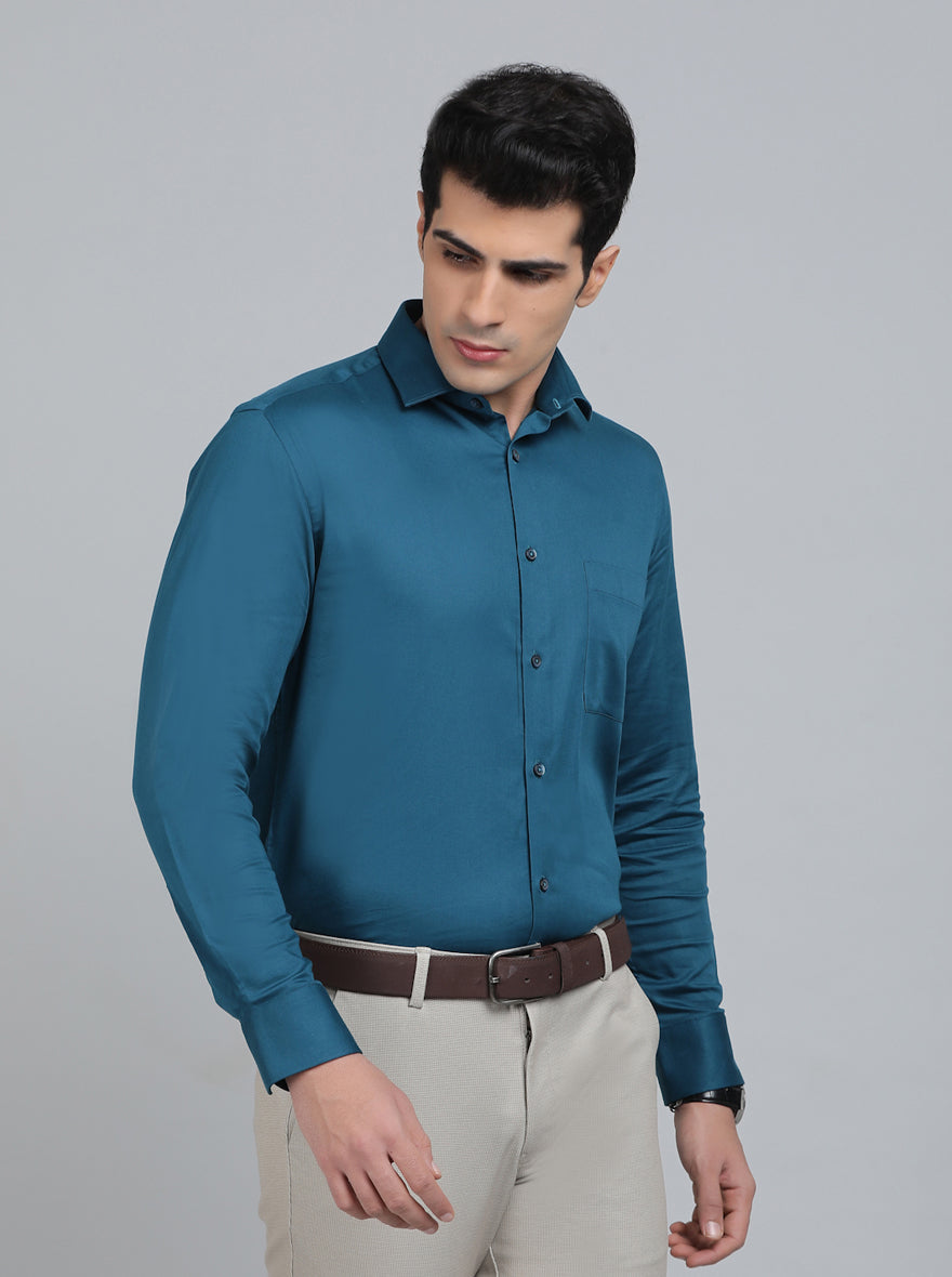 Peacock Blue Solid Slim Fit Party Wear Shirt | Greenfibre