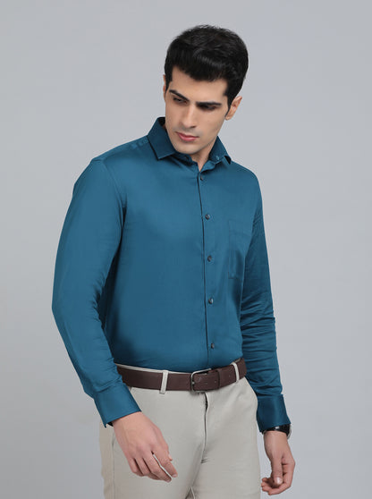 Peacock Blue Solid Slim Fit Party Wear Shirt | Greenfibre