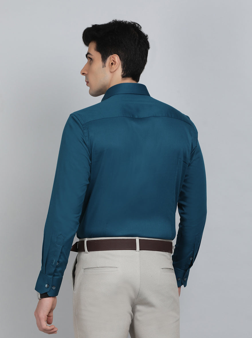 Peacock Blue Solid Slim Fit Party Wear Shirt | Greenfibre