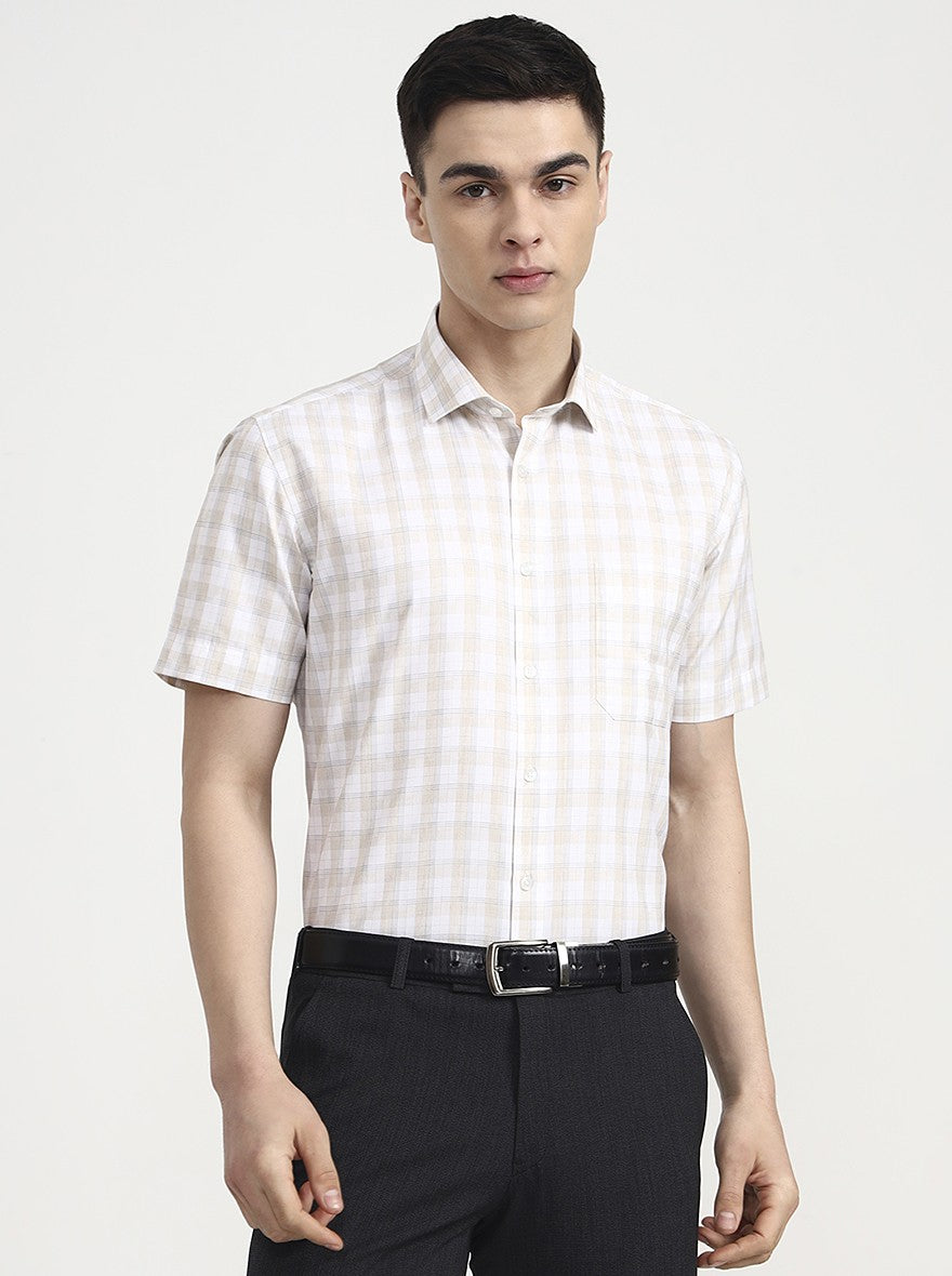 White & Cream Checked Regular Fit Formal Shirt | Greenfibre