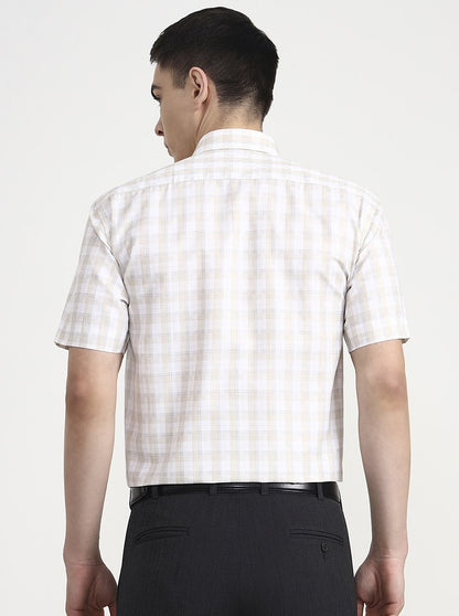 White & Cream Checked Regular Fit Formal Shirt | Greenfibre