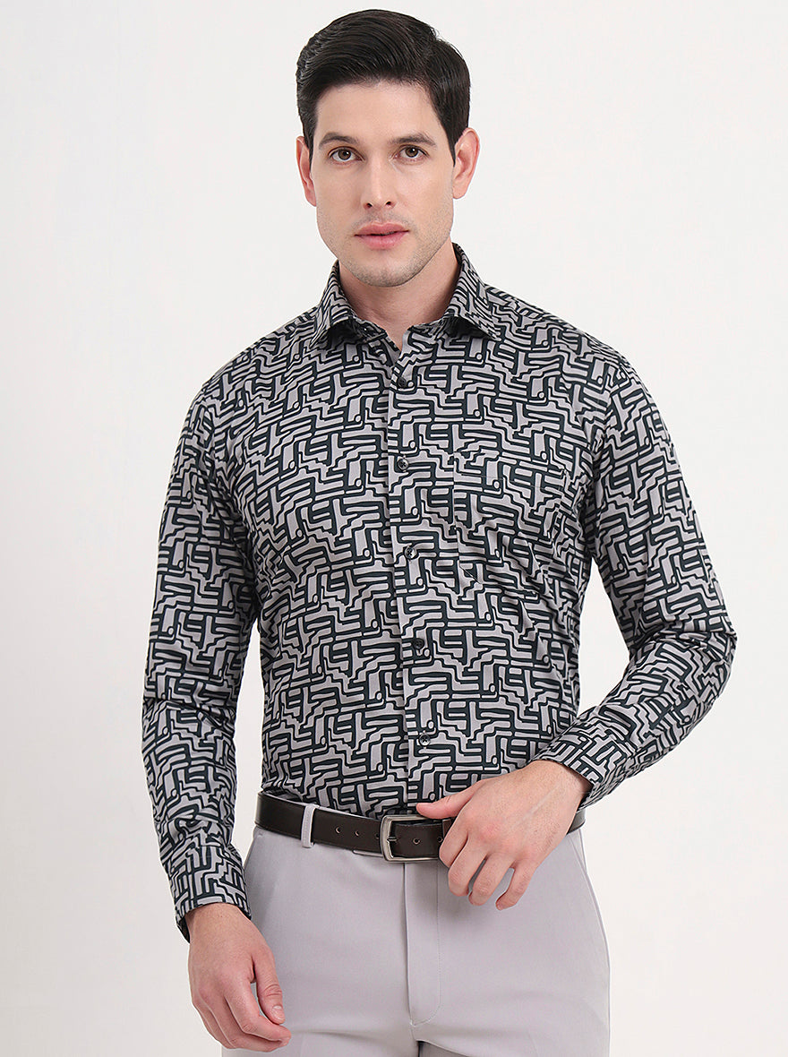 Grey Printed Slim Fit Formal Shirt | Metal