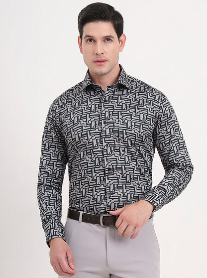 Grey Printed Slim Fit Formal Shirt | Metal