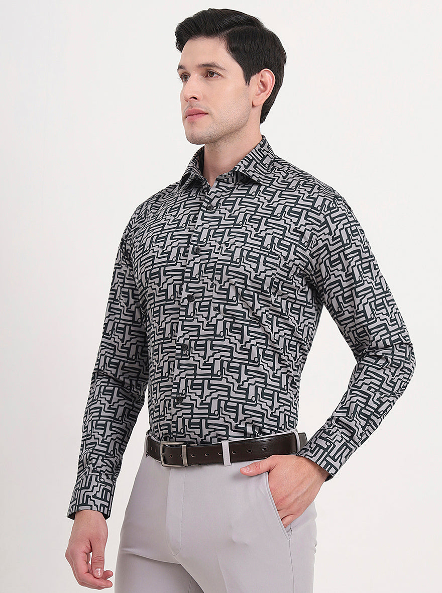 Grey Printed Slim Fit Formal Shirt | Metal