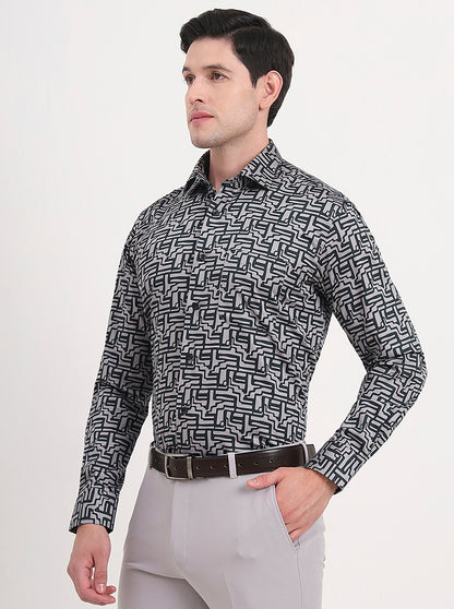 Grey Printed Slim Fit Formal Shirt | Metal