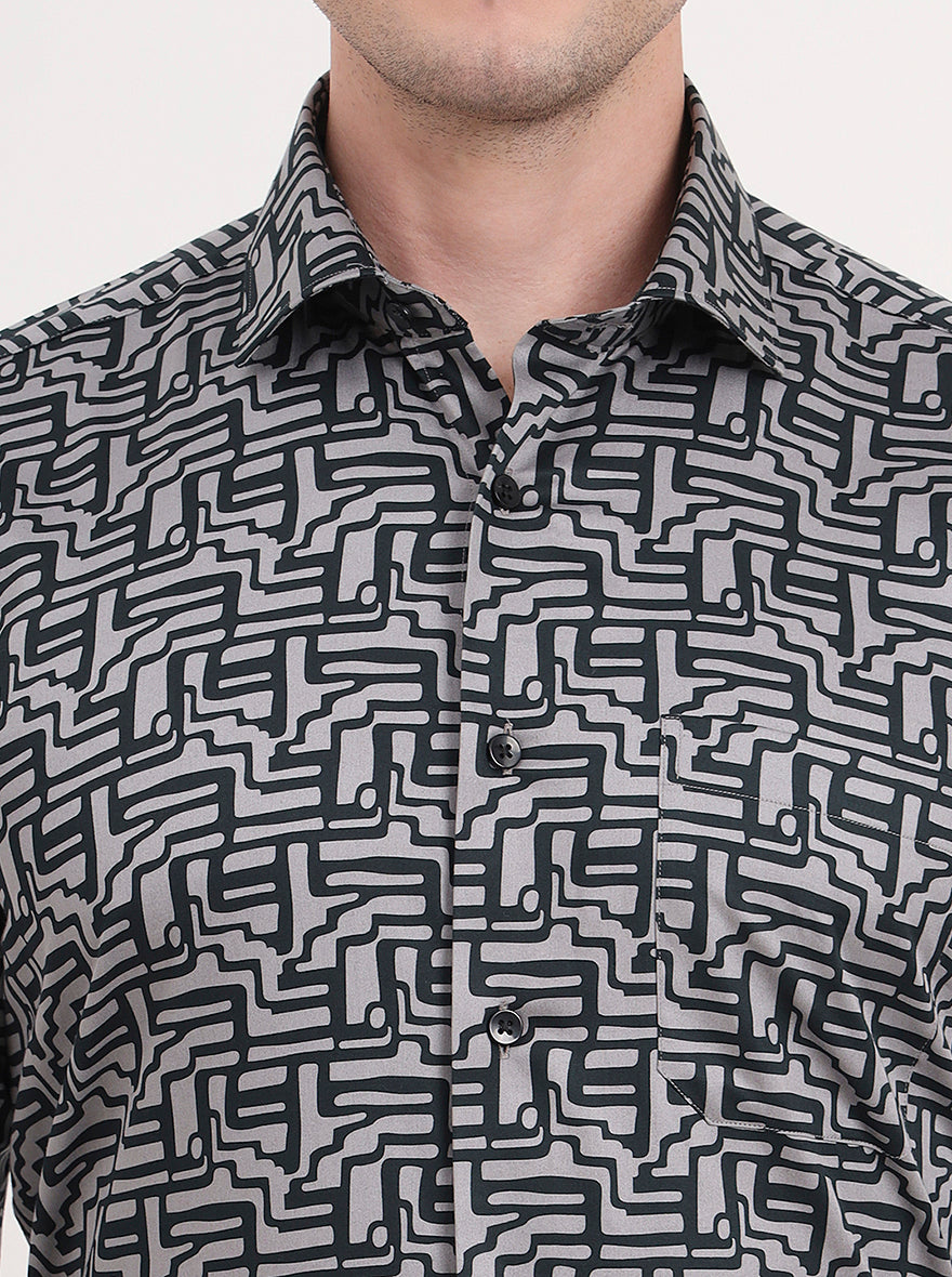 Grey Printed Slim Fit Formal Shirt | Metal