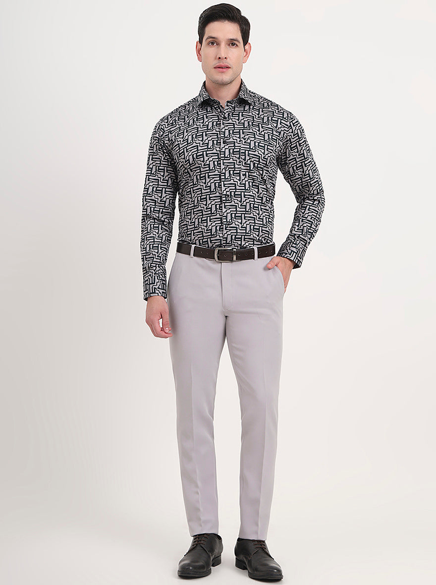 Grey Printed Slim Fit Formal Shirt | Metal