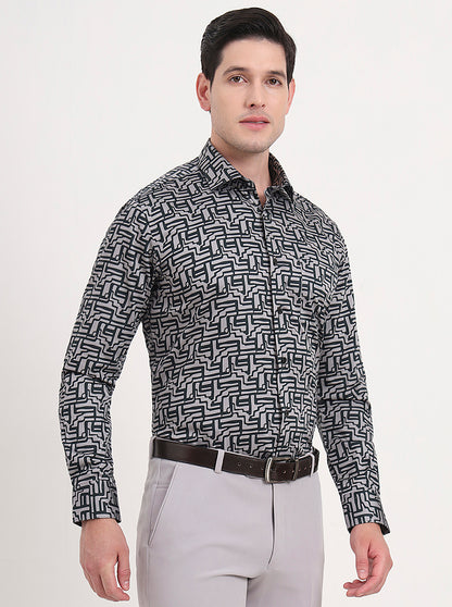 Grey Printed Slim Fit Formal Shirt | Metal
