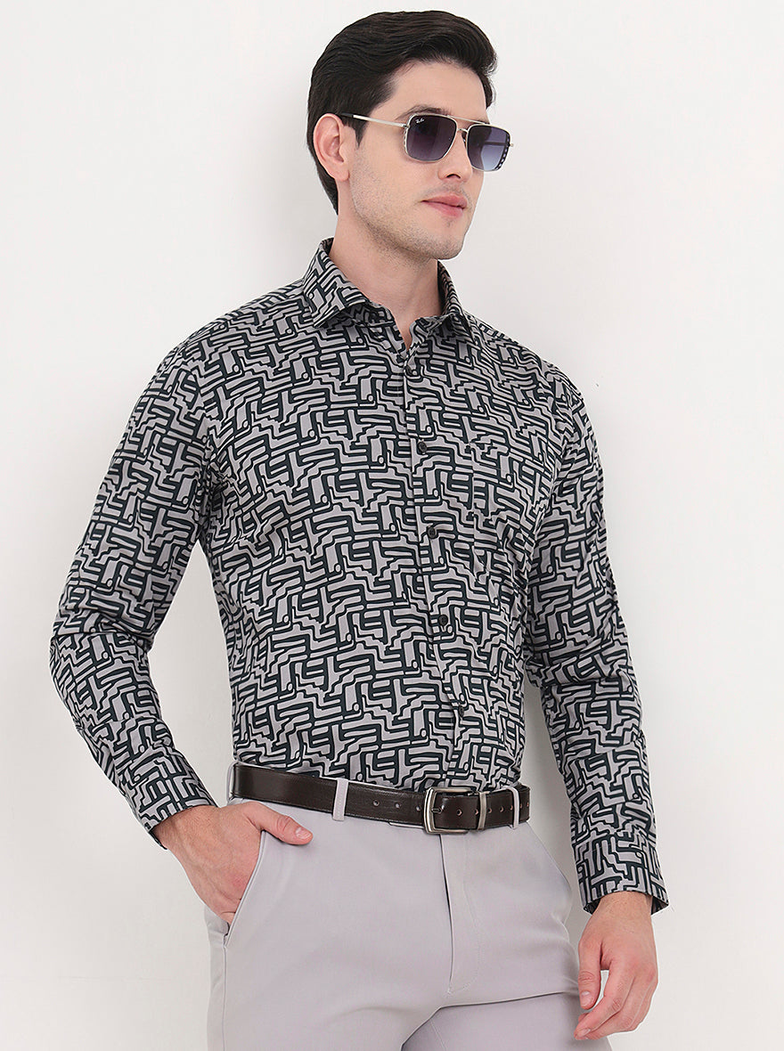 Grey Printed Slim Fit Formal Shirt | Metal