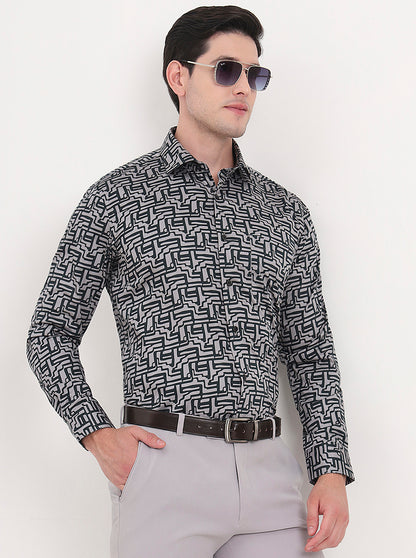 Grey Printed Slim Fit Formal Shirt | Metal