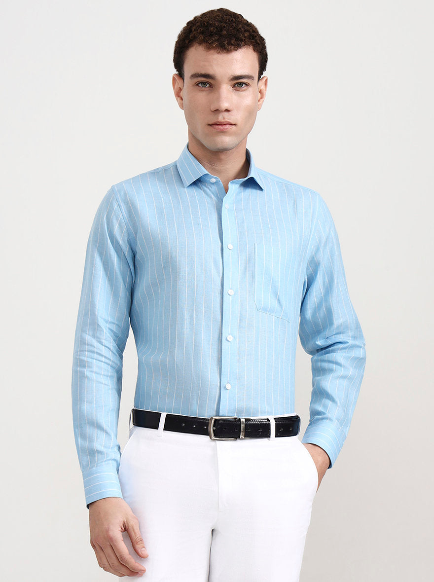 Sky Blue Striped Slim Fit Formal Shirt | JadeBlue