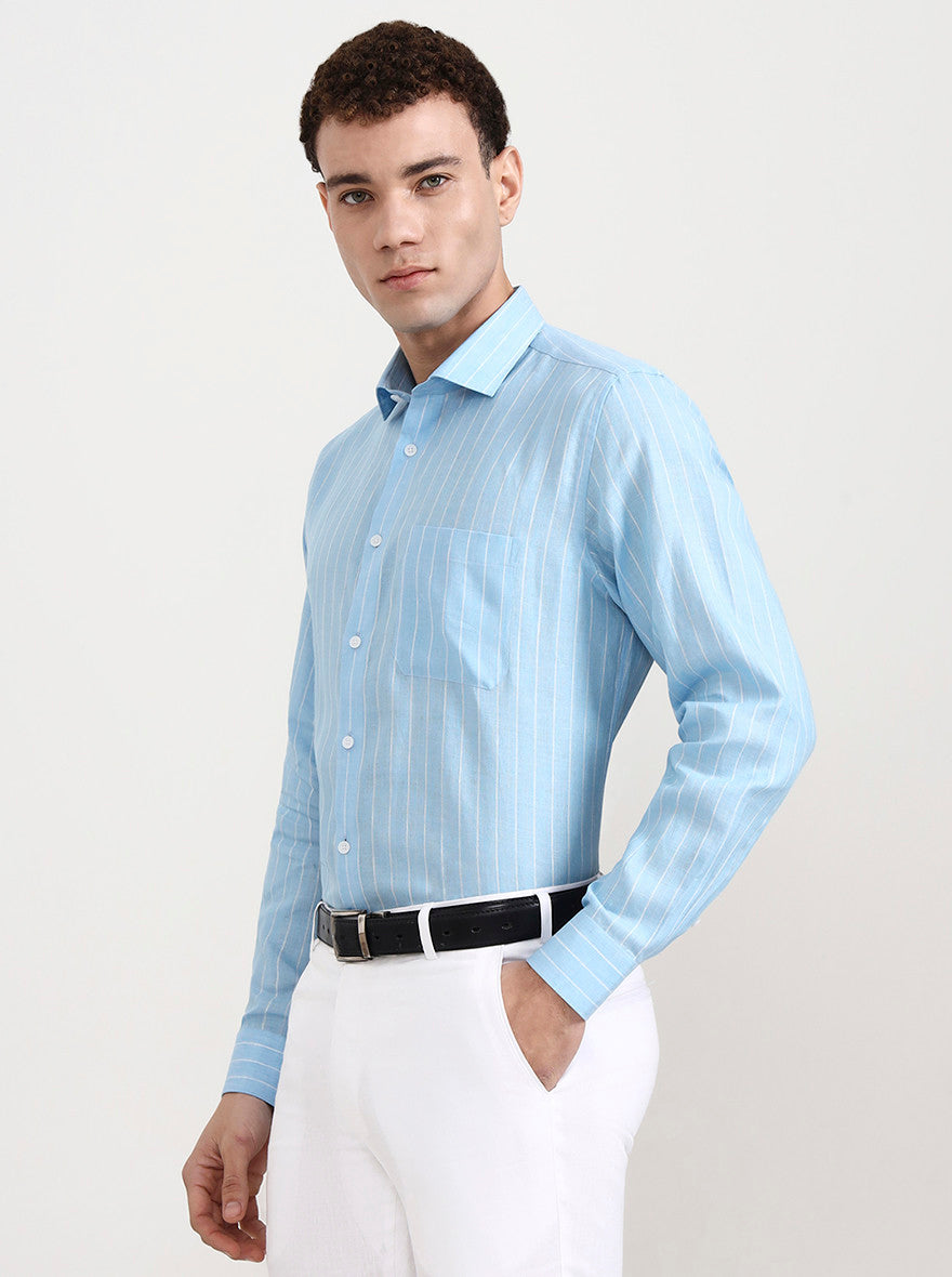 Sky Blue Striped Slim Fit Formal Shirt | JadeBlue