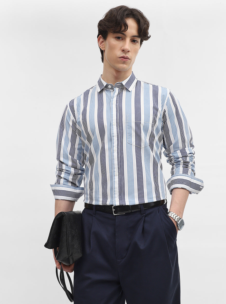Blue & White Striped Slim Fit Casual Shirt | JadeBlue