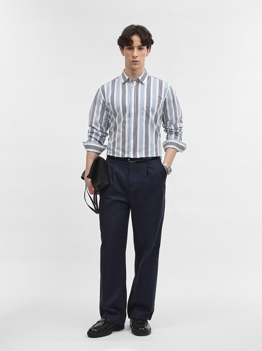 Blue & White Striped Slim Fit Casual Shirt | JadeBlue
