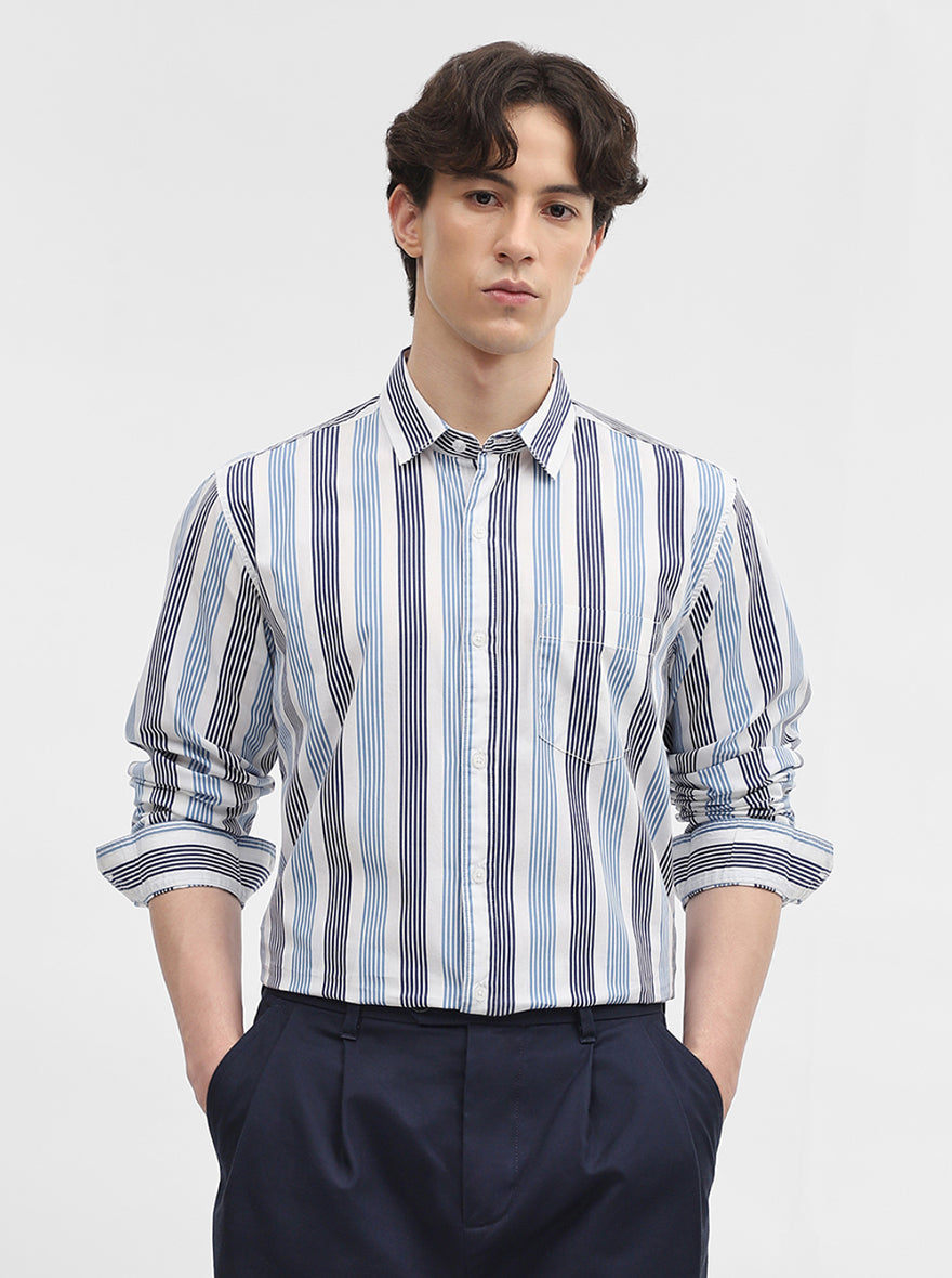 Blue & White Striped Slim Fit Casual Shirt | JadeBlue