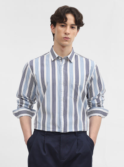 Blue & White Striped Slim Fit Casual Shirt | JadeBlue
