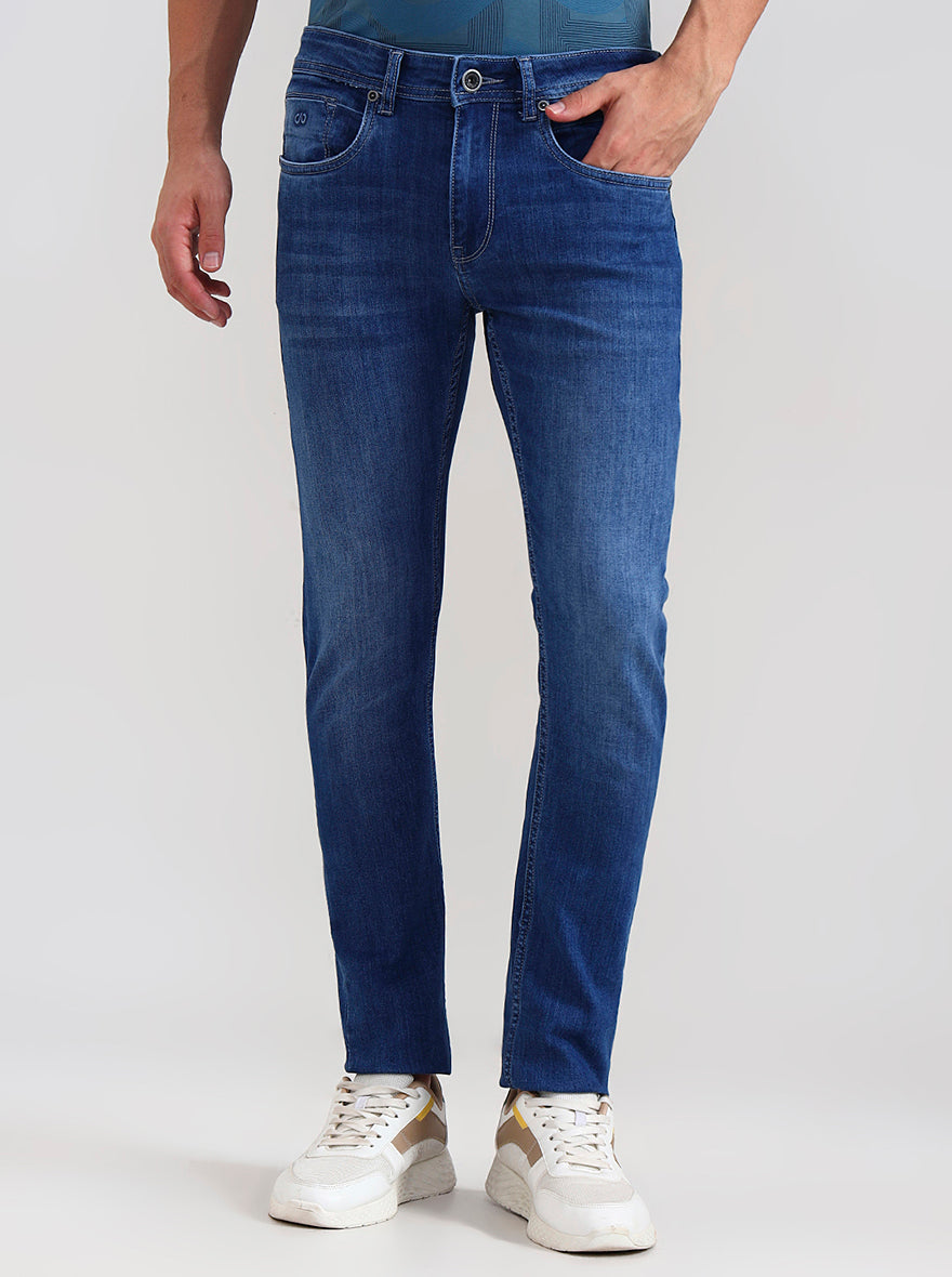 Slubby Mid Blue Washed Slim Fit Jeans | JadeBlue