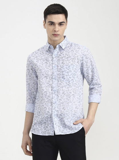 Blue Printed Slim Fit Casual Shirt | Greenfibre