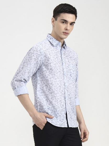 Blue Printed Slim Fit Casual Shirt | Greenfibre